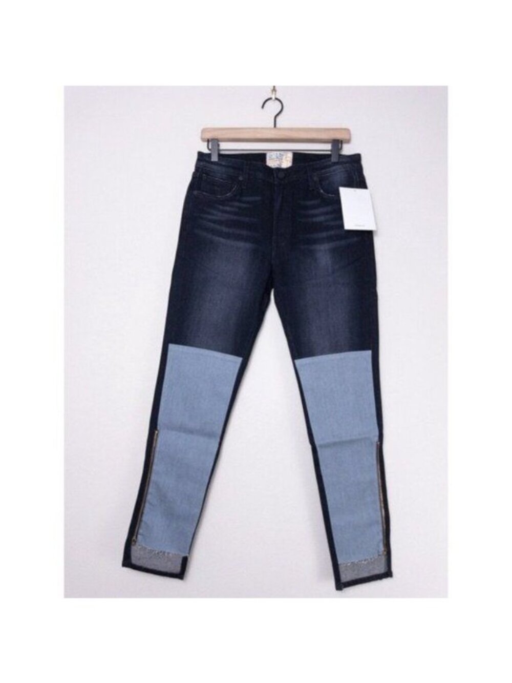 NWT Free People x Sandrine Rose Mixed Denim Patch Jeans 25 Dark Black Skinny Zip